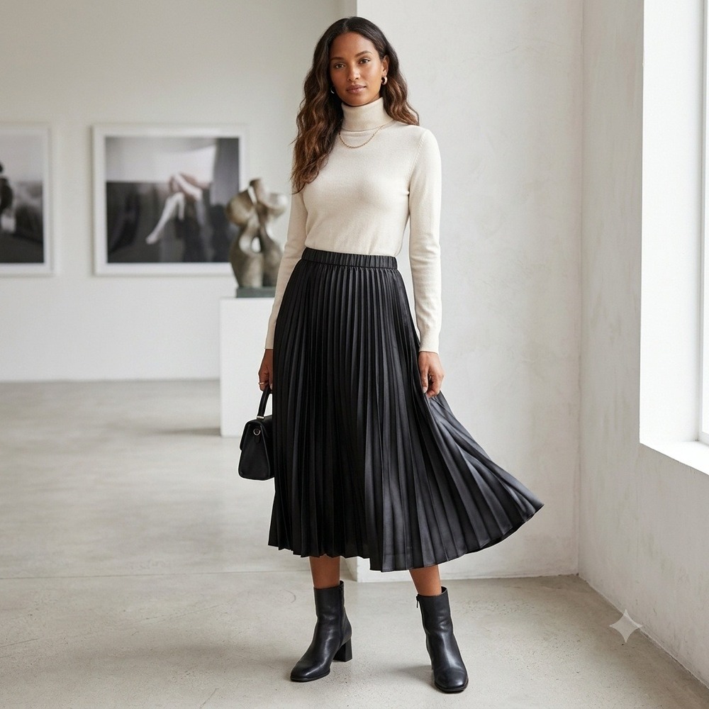 Banana Republic‎ Pleated Midi Skirt (Elastic Waist Satin Finish) Black Medium